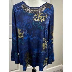 Susan Graver Artisan Women's Large Blouse Embellished Floral Print‎ Long Sleeve